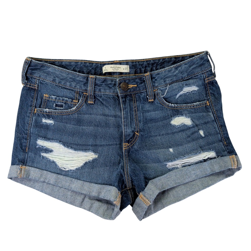 Abercrombie & Fitch Distressed‎ Denim Shorts Size 4 W27 Medium Wash Cuffed Blue